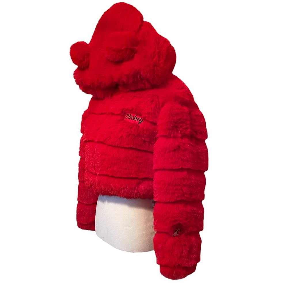 Forever 21 x Disney Mickey Mouse Faux Fur Cropped Red Hooded Puffer Jacket Small - Picture 5 of 16